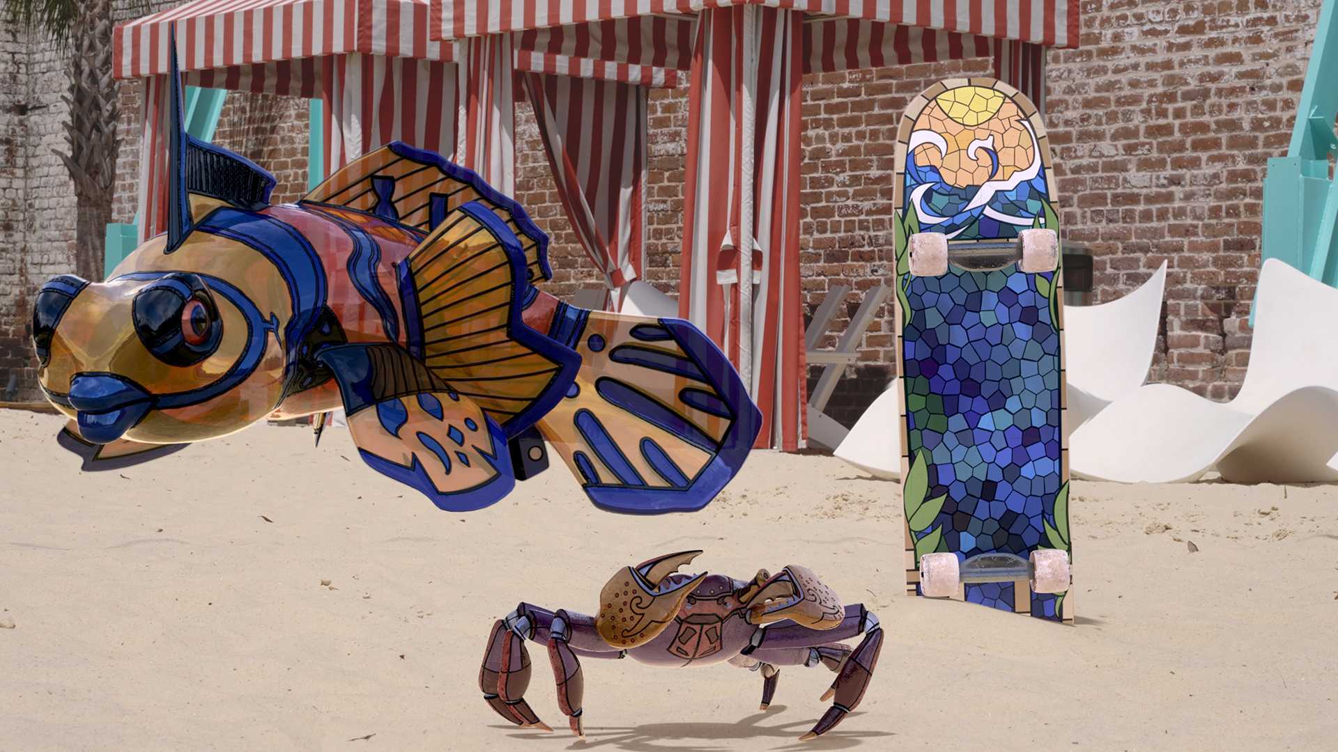 A stained glass fish and crab moving away from a colorful skateboard at the beach.