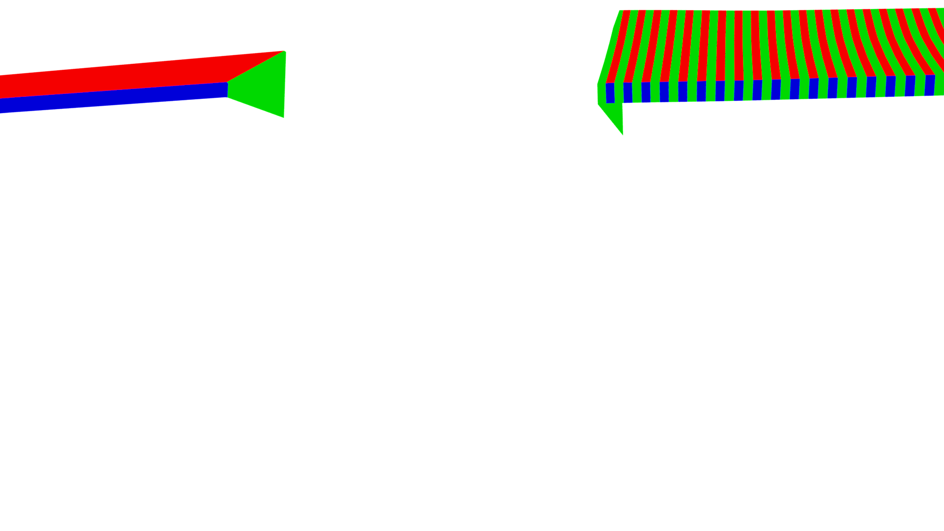 An image utilizing pure red, green, and blue to show the sides and simple details of a pair of awnings.