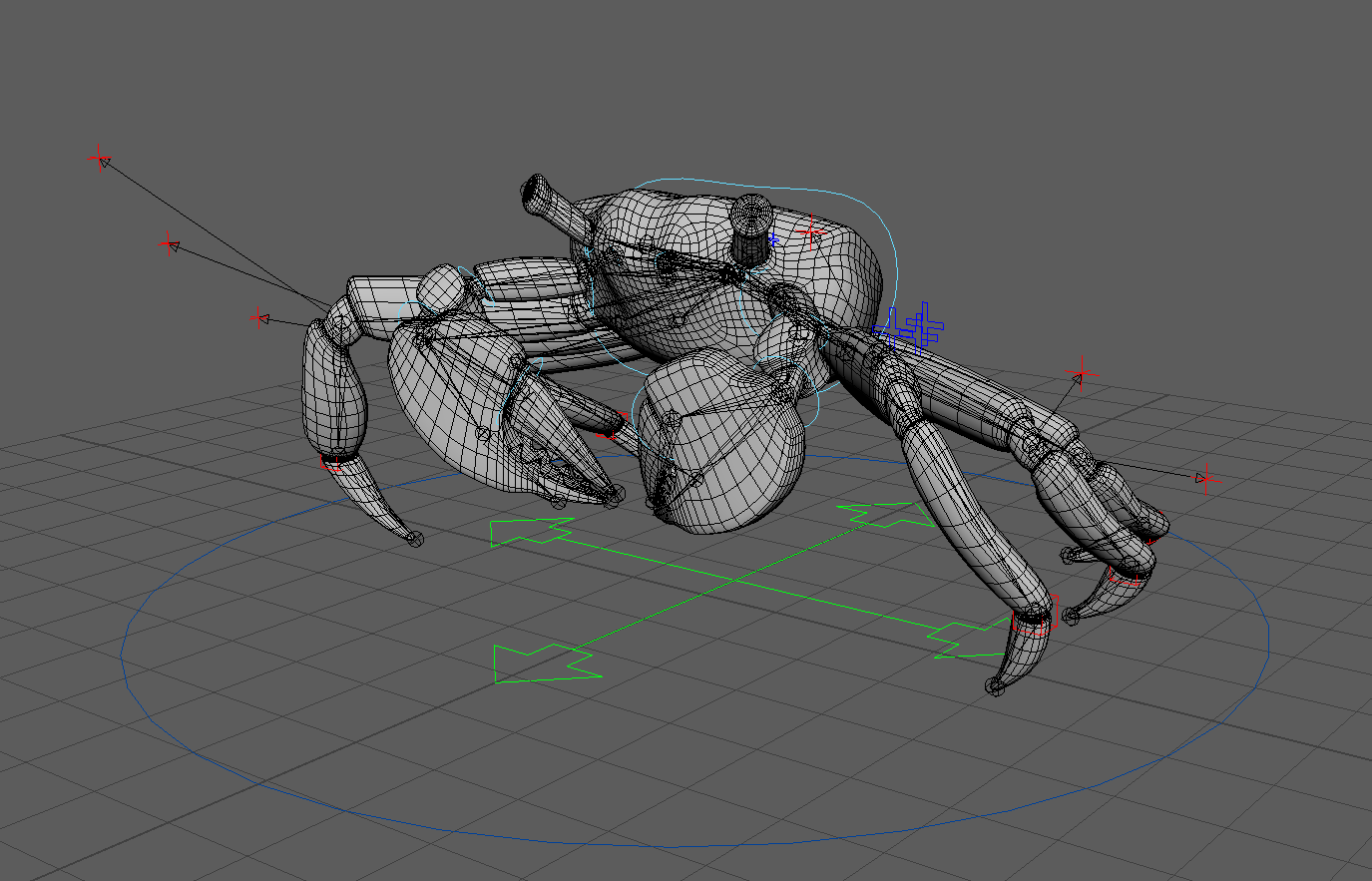 An untextured crab model in Maya, with both the rig and topology visible.