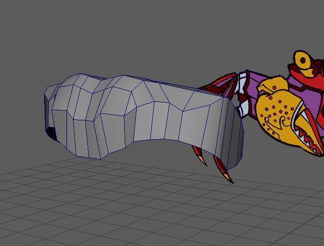 A screenshot of a very rough model in maya, with reference photos of a crab visible in the background.