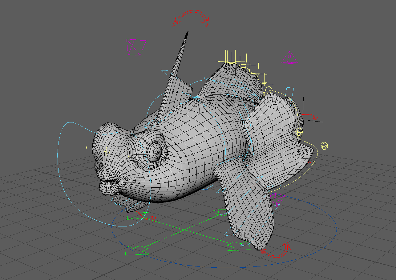 An untextured fish model in Maya, with both the rig and topology visible.