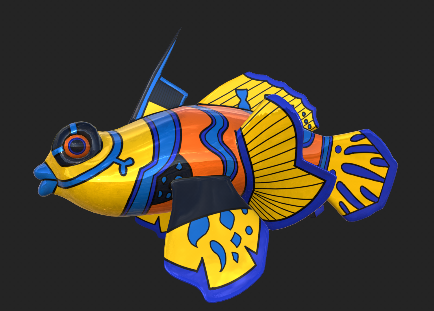 A shiny and brightly-colored screenshot of a fish in Substance Painter.