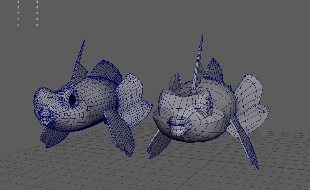A screenshot of low-poly and high-poly variations of an untextured fish model.