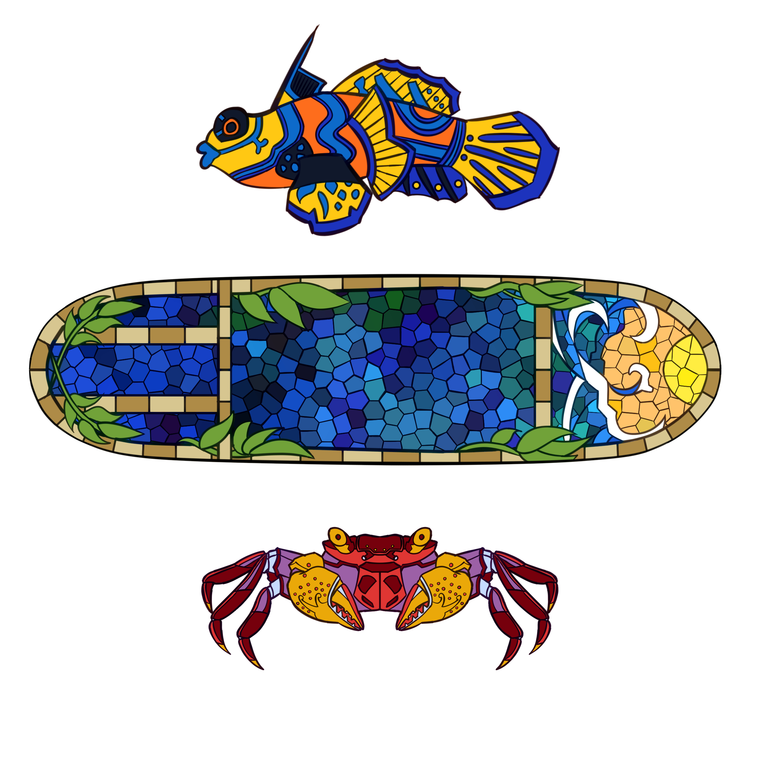 Concept art of a fish, a skateboard background, and a crab, laid out indiviually.