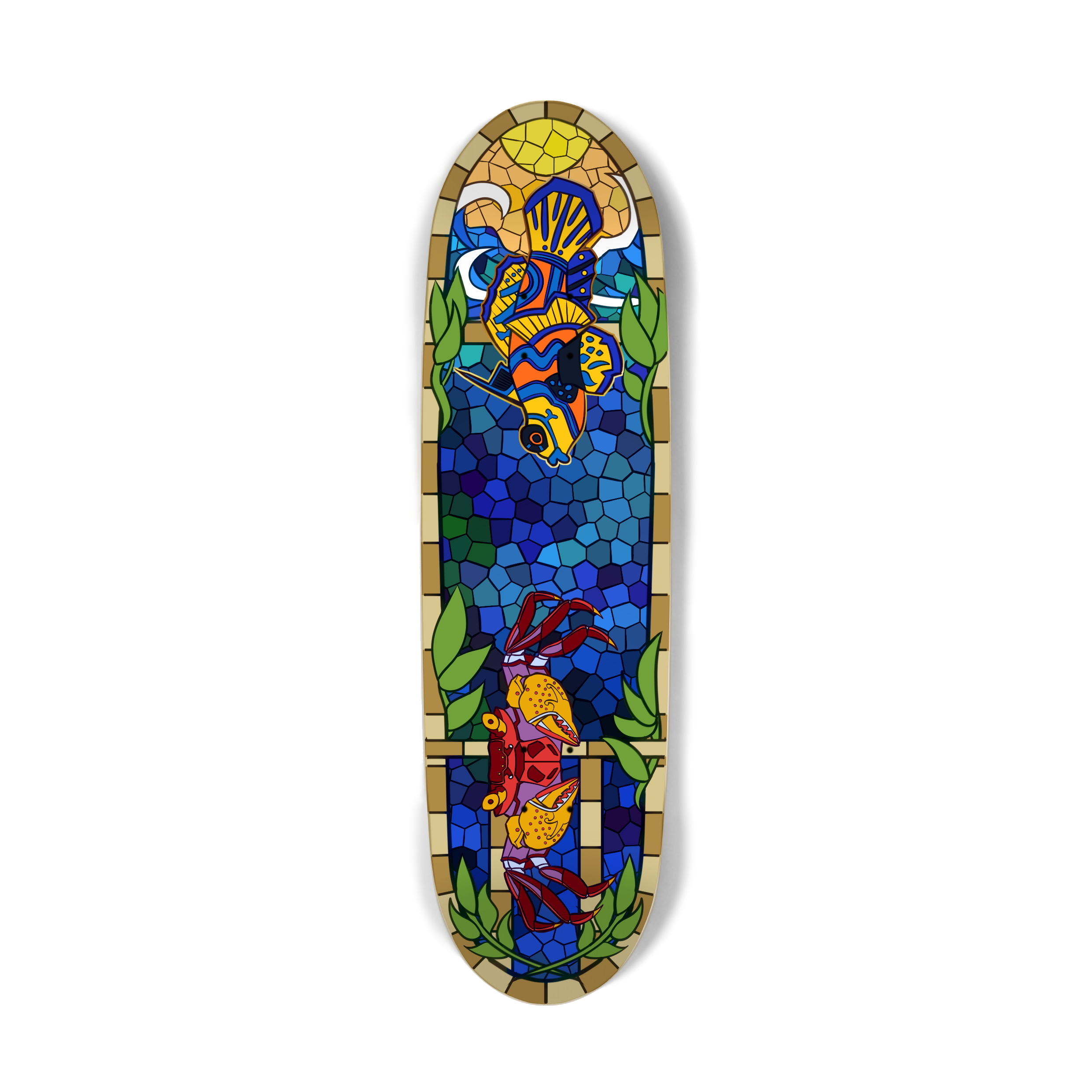 A skateboard concept featuring a fish and a crab on an ocean background, in a stained glass style.