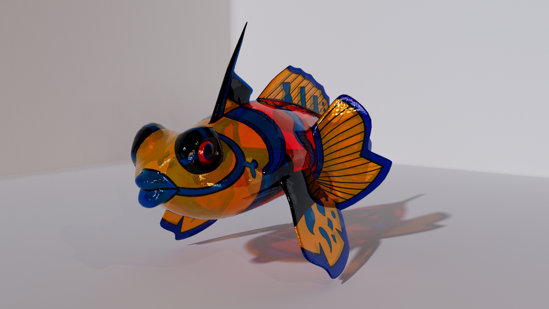 An untextured fish model in Maya, with both the rig and topology visible.