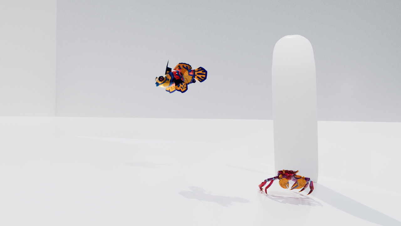 A stained-glass fish and crab casting shadows on a white background.