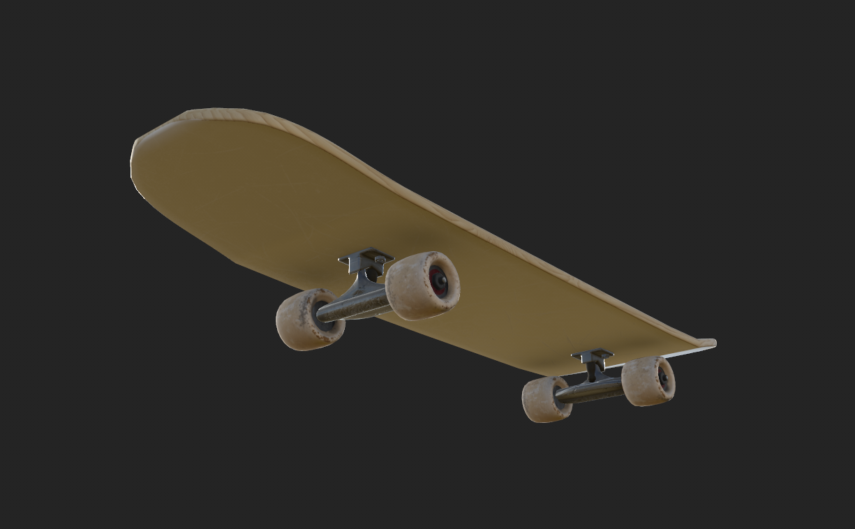 The bottom side of the textured skateboard, with metal tracks and worn wheels.