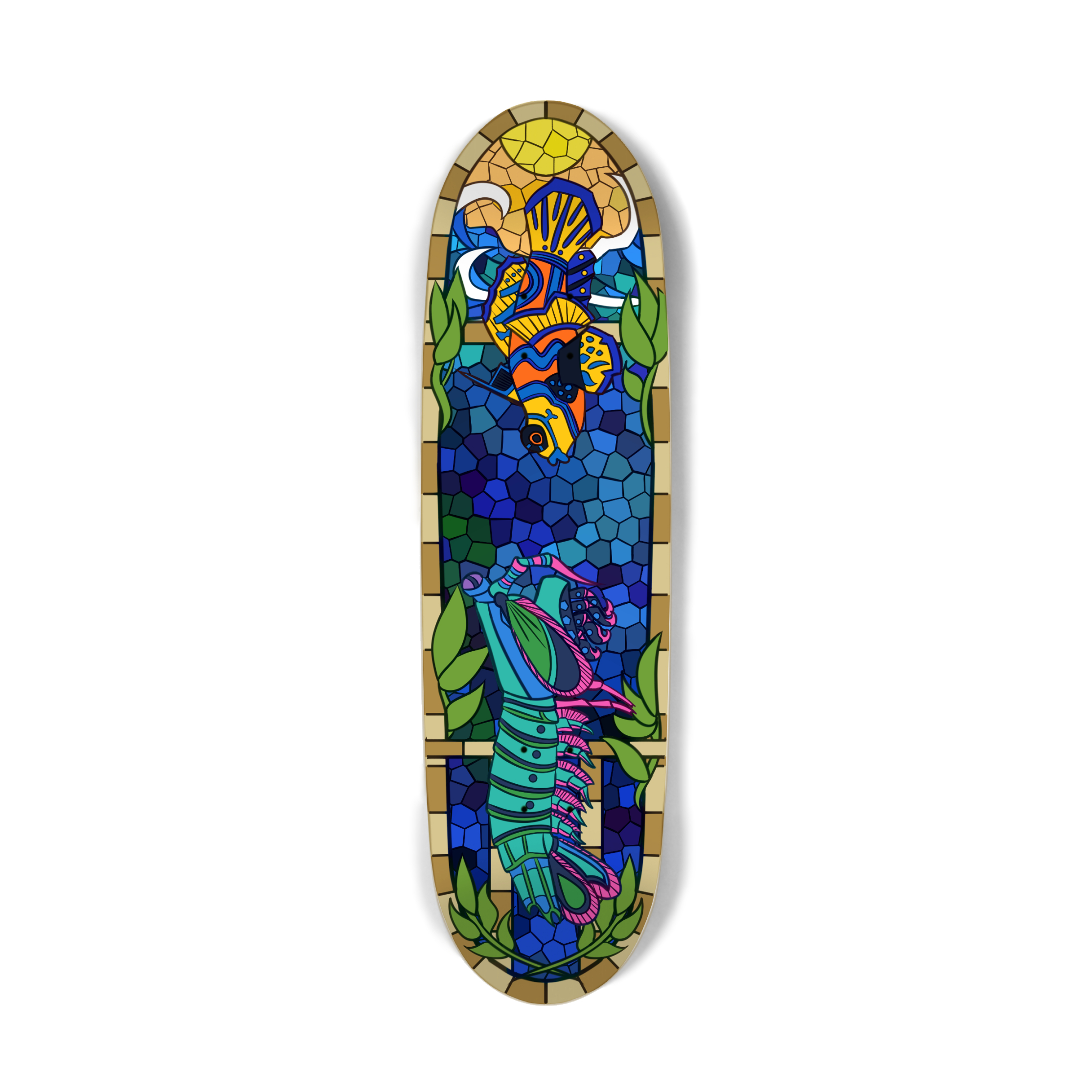 A skateboard design featuring a fish and a shrimp in a stained glass style