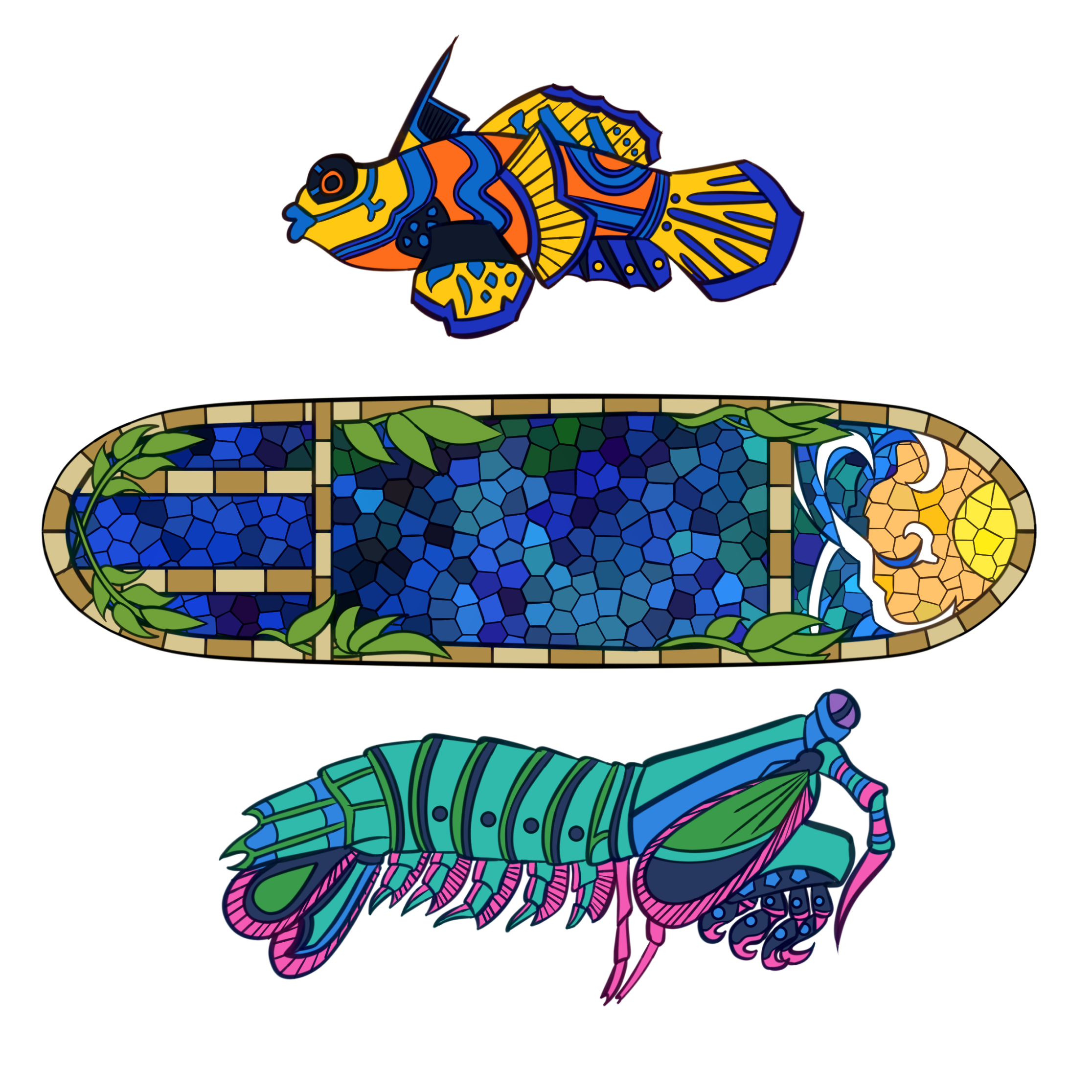 A stained glass-style fish, shrimp, and ocean background