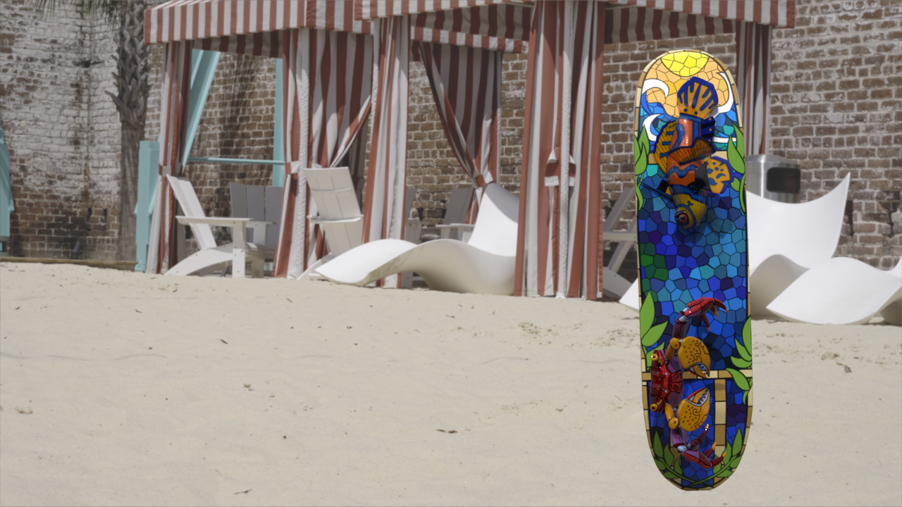 A stained glass fish and crab positioned on top of a skateboard and placed directly onto a live-action shot.