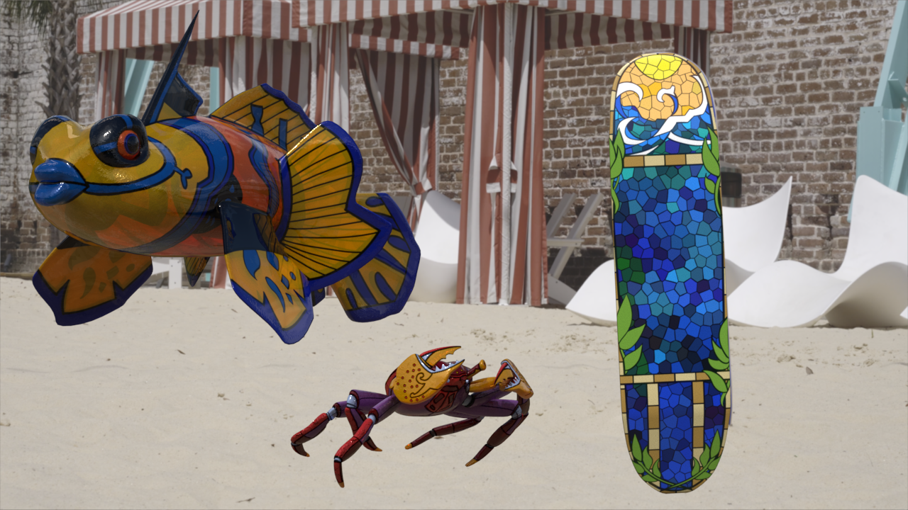 A stained glass fish and class appearing to move towards the viewer with a skateboard in the background.